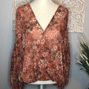 Lovestitch Orange Sheer Floral Surplice Top Small